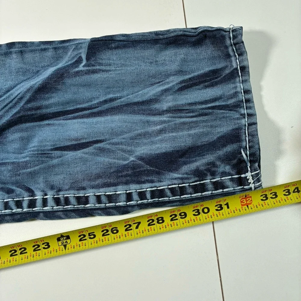 True Religion Jeans 34x33‎ Blue Denim Acid Wash Flap Pocket Thick Made in USA